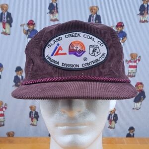Vintage 80s Virginia Coal corduroy rope brim patched zip tab wine red hat